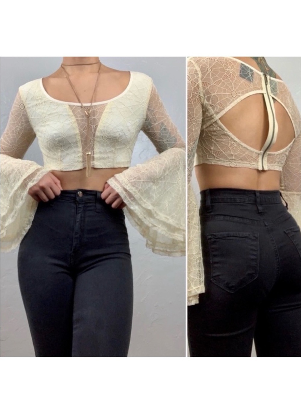 Original Sin Webbed Lace Bell-Sleeve Crop Top in Cream Women’s Size 12